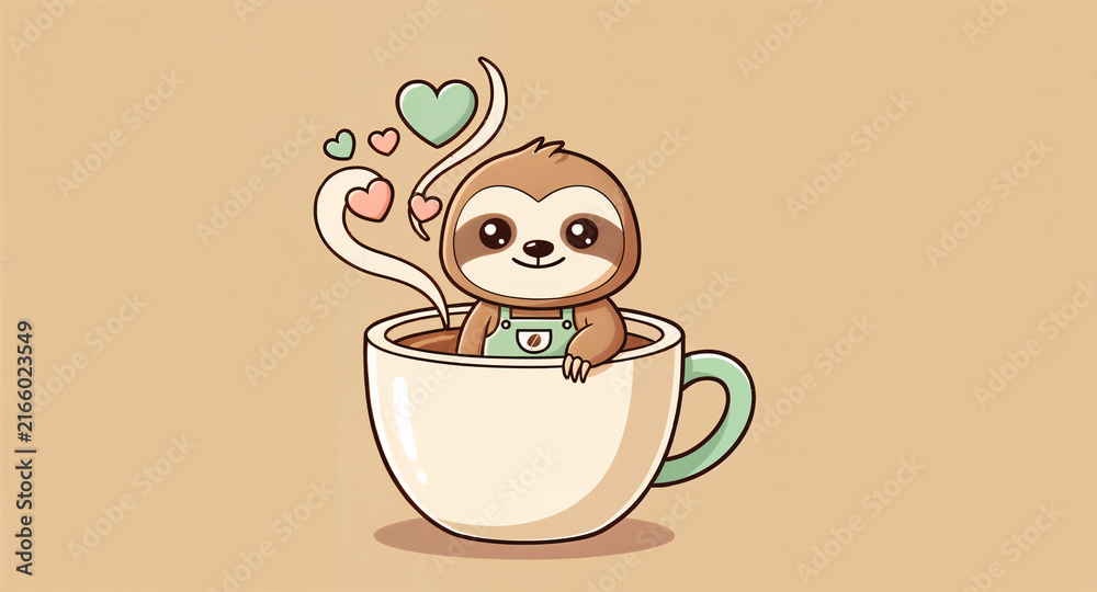 Naklejka premium Cute Kawaii Sloth Barista Sitting in a Coffee Cup with Heart Steam Illustration
