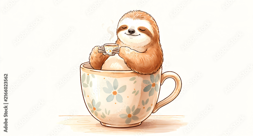 Naklejka premium Cute Sloth Relaxing inside Large Floral Teacup Drinking Hot Tea Watercolor Illustration