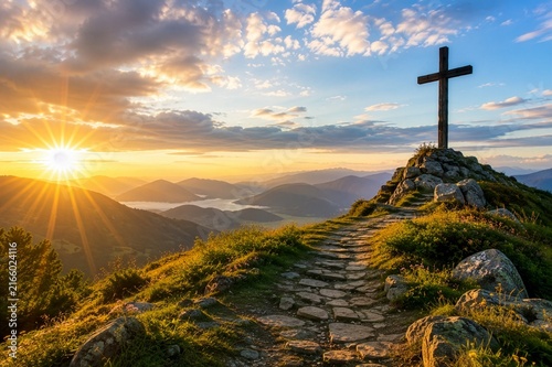 Wooden Christian Cross on Mountain Trail at Sunrise
