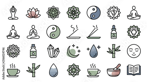 Collection of spiritual yoga meditation icons designed as a colorful modern flat vector graphic illustration set