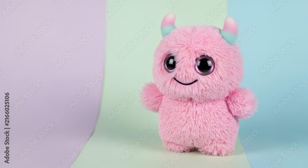 Fototapeta premium A cute pink fluffy monster plush toy with big sparkly eyes and small horns standing on a pastel background.