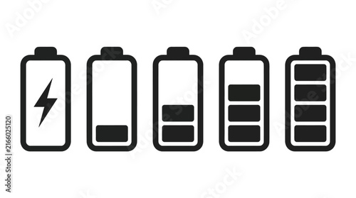 Simple vector illustration depicting five black battery icons showing various levels of charging power status