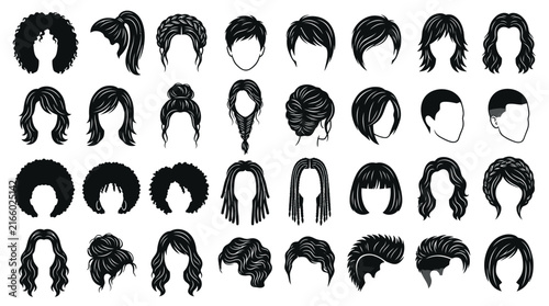 Detailed collection of diverse black hairstyle vector graphic icons showing various trendy haircuts and styles