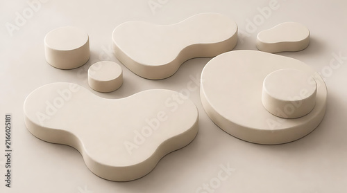 Clean 3D geometric display podium featuring smooth beige organic stone shapes and soft studio lighting for contemporary cosmetic brand product presentation