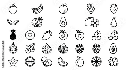 Set of clean black vector icons depicting various healthy tropical and domestic fresh fruit varieties