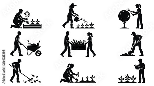 Gardener set of silhouettes showcasing various farming and agricultural activities in professional black vector design
