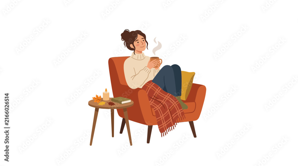 Fototapeta premium Cozy Woman Enjoying Warm Drink in Armchair