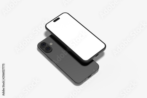 Modern smartphone mockup with blank white screen front and back view isolated on white background.3d rendering