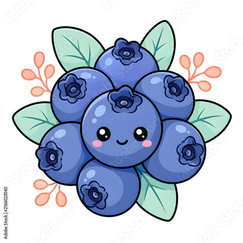 Cute Kawaii Blueberry Cluster Fruit isolated cutout on transparent background
