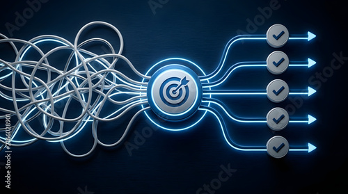 Tangled Thread Data Flow Passing Through a Filter into Structured Workflow Paths with Arrows and Target Goal, Symbolizing Information Simplification