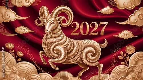 Ornate golden ram zodiac animal illustration with year 2027 on luxurious red silk fabric