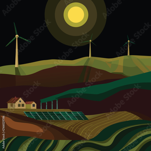 Renewable Energy Landscape with Wind Turbines and Solar Panels at Night
