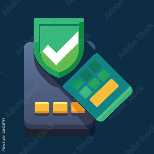 3D shield icon with checkmark success concept on digital tablet with glowing buttons business technology security verification