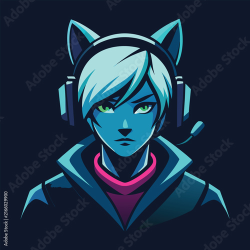 Anime Style Character with Headphones and Cat Ears, Digital Art, Cyberpunk Aesthetic