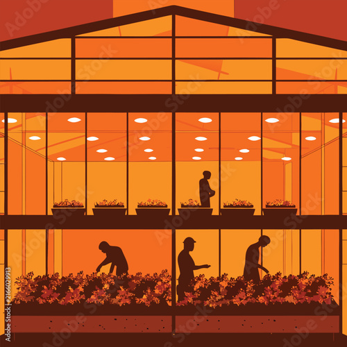 Silhouetted Workers Tending Plants in Modern Greenhouse with Orange Glow