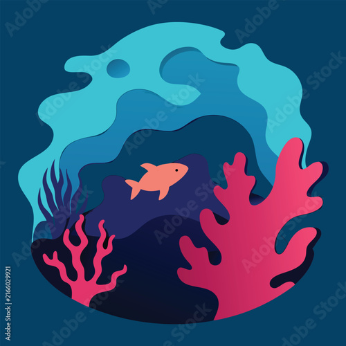 Colorful cartoon fish swimming in vibrant coral reef underwater ocean scene with bubbles and seaweed