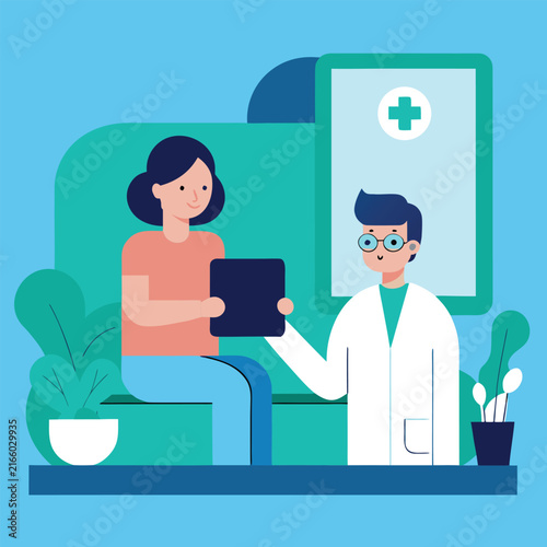 Female patient consulting male doctor with digital tablet in modern clinic office with plants and medical cross