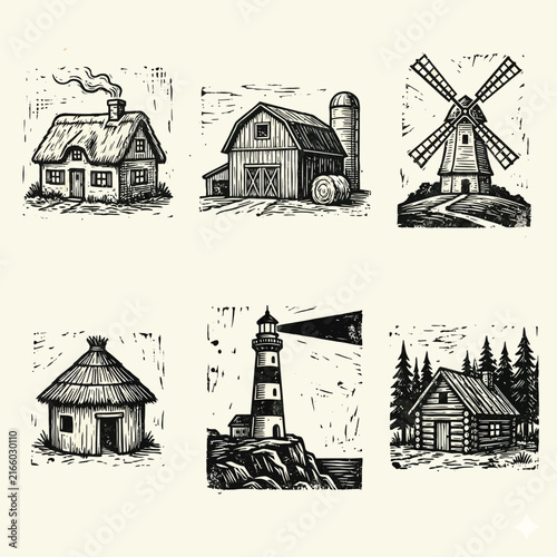 Vintage Hand-Drawn Sketches of Rural Landmarks and Architecture