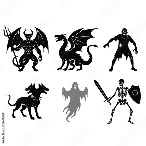Halloween Monster Icons Set with Demon, Dragon, and Skeleton on White Background