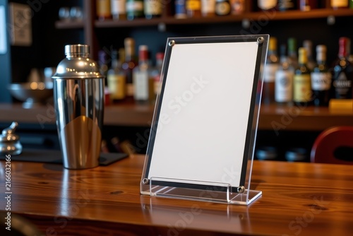 Clear acrylic stand holds blank white menu on wooden bar top
