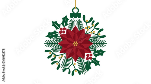 Christmas Tree Decoration Ornament with Poinsettia, Holly, Garland, Ribbon, and Holiday Lights Concept