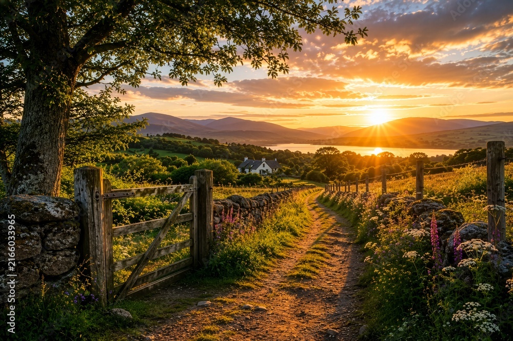 Obraz premium Country Path Through Rural Landscape at Golden Sunset 