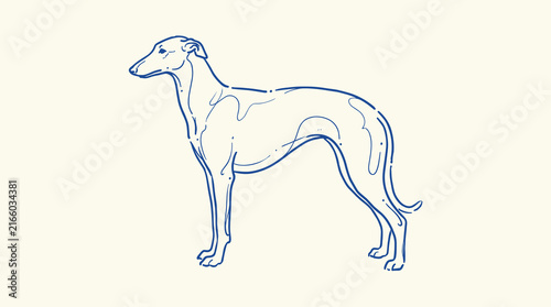 Blue line art illustration of a standing greyhound dog on a neutral background