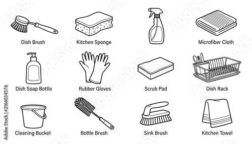 Фотография Kitchen Cleaning Tools Set with Dish Brush, Sponge, Gloves, and Rack