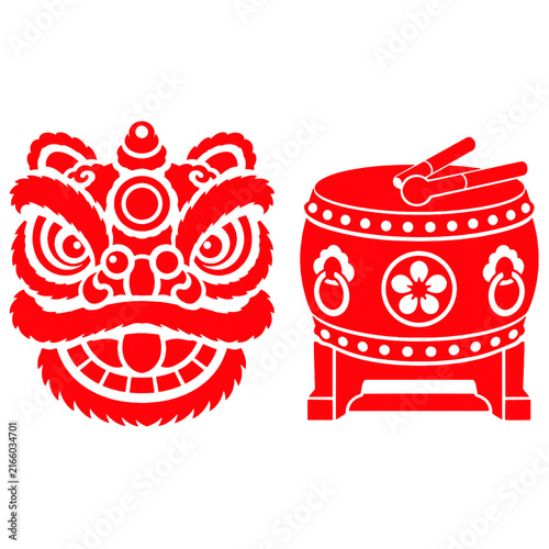 Traditional Lion Dance Head Festival Drum Mid Autumn Stencil Silhouette Vector