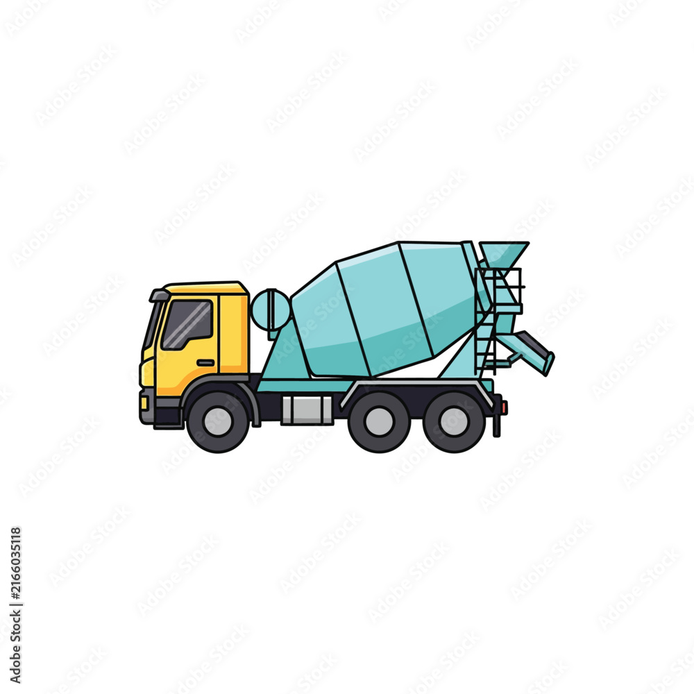 Fototapeta premium Concrete Mixer Truck Illustration, Yellow Cab and Blue Drum Industrial Vector