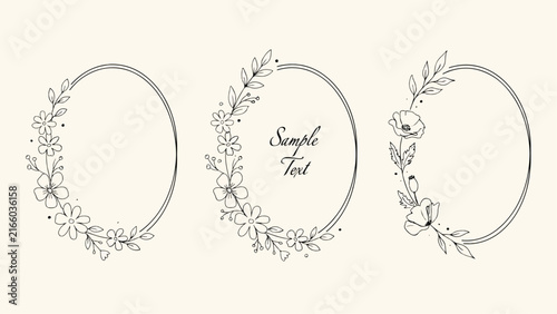 Set of three vintage botanical floral oval frames with sample text placeholder