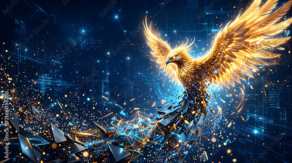 Fototapeta premium Glowing Fiery Phoenix Bird Flying Upward Dark Night Sky Metaphor Illustration