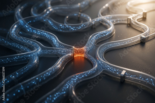 Glowing network tubes converging at central connection point business concept
