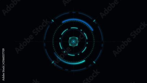 Futuristic HUD interface animation, glowing blue circular radar scanner UI on black background, tech security data overlay