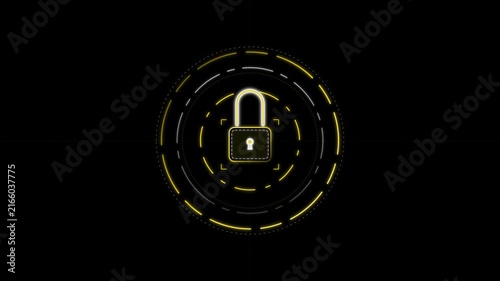 Cyber security padlock icon animation, digital data protection interface with yellow circular HUD rings on black background