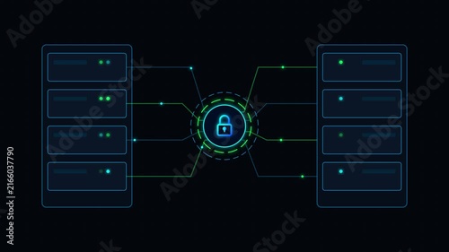Futuristic cybersecurity network animation, encrypted data servers and padlock icon, blue green HUD tech background