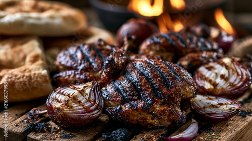 Grilled chicken pieces and red onions cooking over open fire flames on wooden board