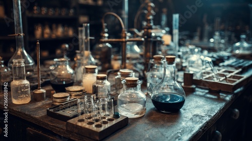 Laboratory equipment and glassware arranged in a modern science laboratory for scientific research, experimental analysis, chemistry, biotechnology, medical testing, pharmaceutical research, chemical 