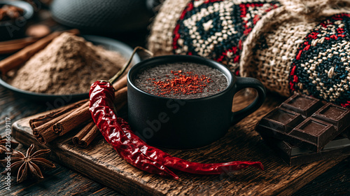 Spicy hot chocolate mug with chili pepper cinnamon sticks and chocolate on dark wooden surface