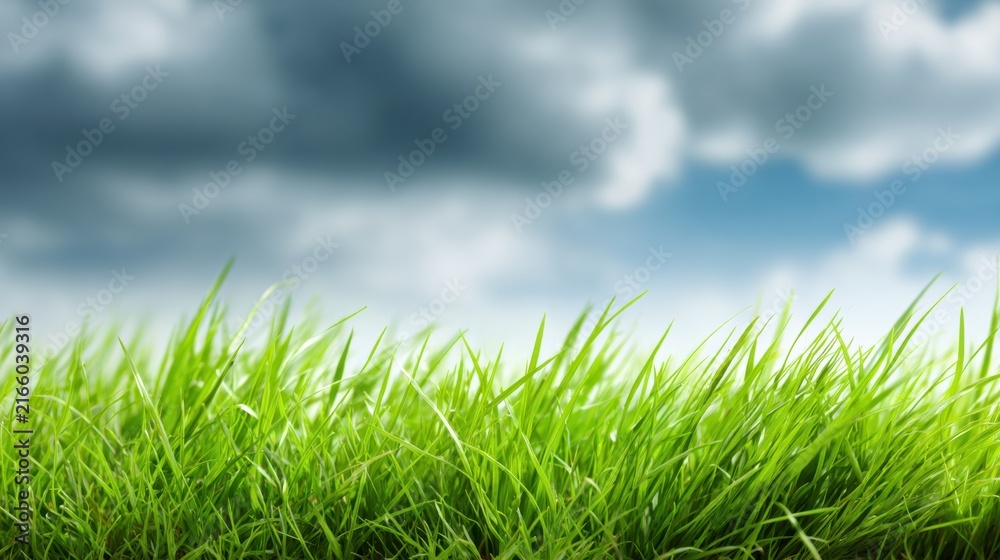 Fototapeta premium Lush Green Grass Under a Dramatic Sky with Clouds and Blue Background in a Natural Outdoor Setting