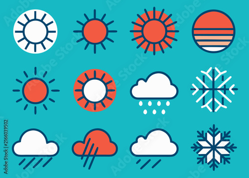 Twelve weather icons featuring different sun styles and cloud conditions on a solid turquoise background.