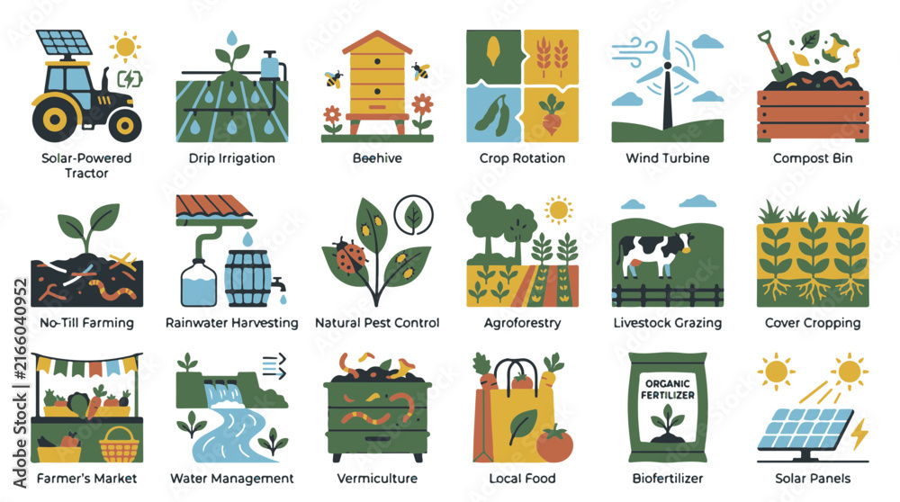 Fototapeta premium Sustainable Farming Practices Icon Set Featuring Regenerative Agriculture and Green Technology