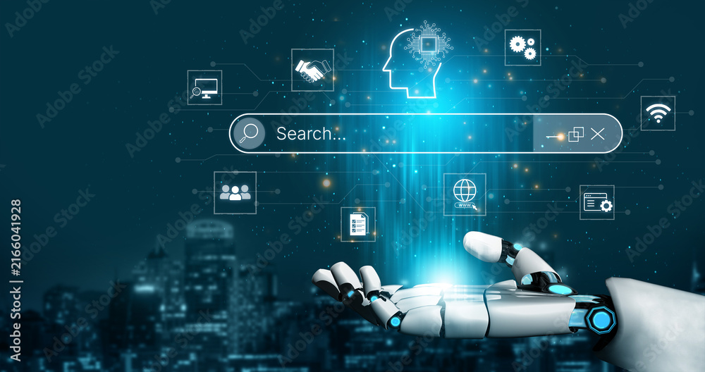 Obraz premium Artificial intelligence AI search concept enabling smarter discovery, recommendations to digital services and knowledge. Generative AI search engine algorithm provide user intent result. Corpus