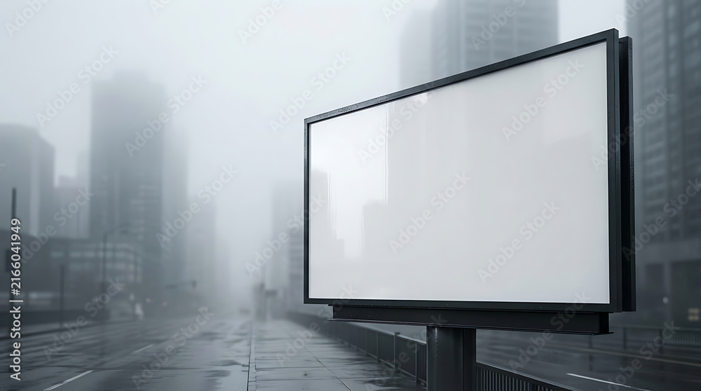 Fototapeta premium Blank Billboard in a Foggy City Street Scene with Tall Buildings and Wet Pavement