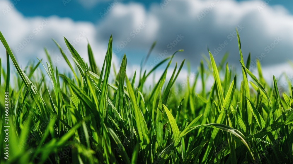 Fototapeta premium Fresh Green Grass Sprouting Under Bright Sky with Soft White Clouds for Nature and Outdoor Themes