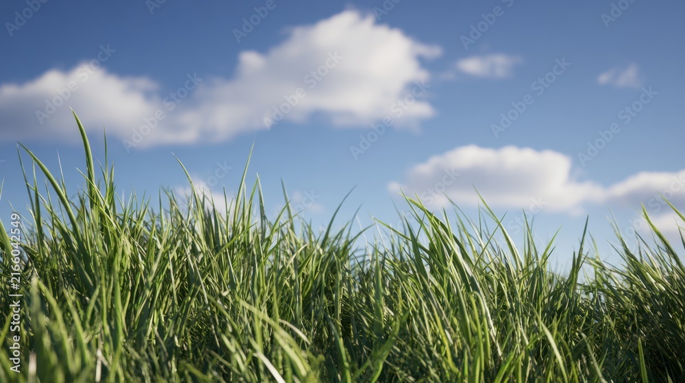 Fototapeta premium Lush Green Grass Under a Clear Blue Sky with Fluffy Clouds Reflecting a Beautiful Day in Nature