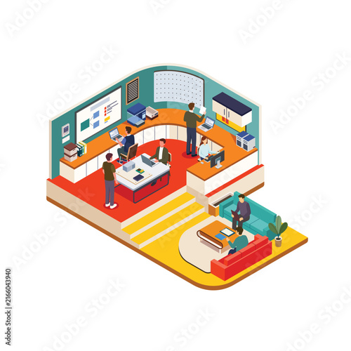 Isometric Digital Classroom Scene with Students Using Laptops and Teacher Explaining