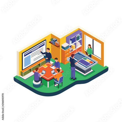 Isometric Modern Learning Center with Students Using Laptops and Teacher Presentation Board