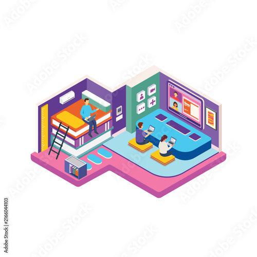 Isometric Modern Learning Space with Students Learning on Laptops and Books