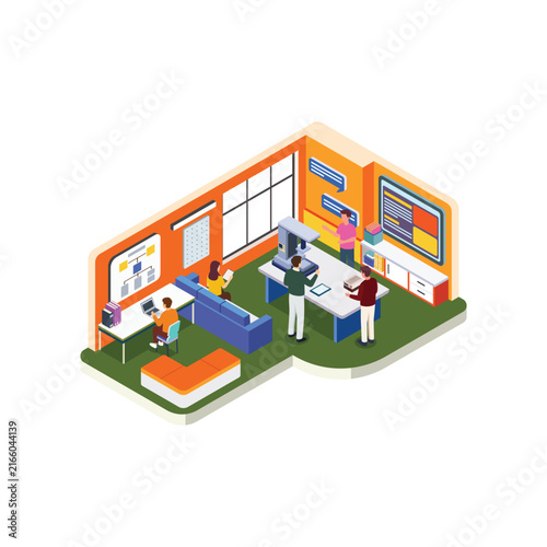 Isometric Technology Training Classroom with Interactive Students